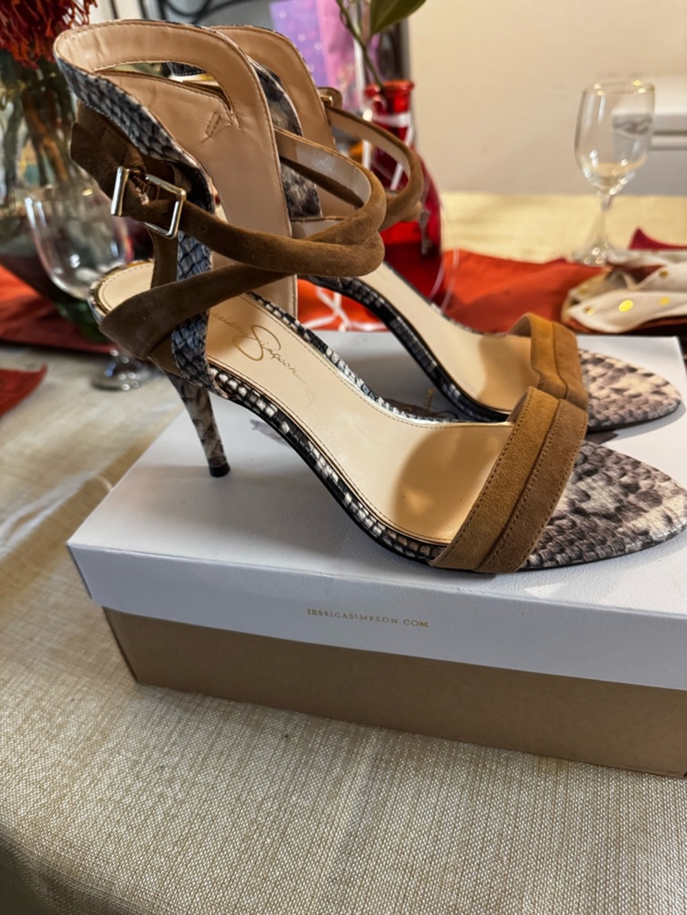 Jessica Simpson Tan Suede Strappy Heeled Sandals with Snakeskin Accents